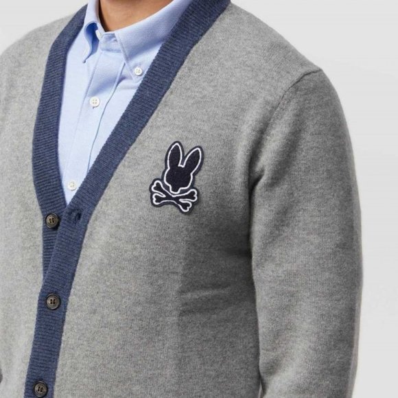 PSYCHO BUNNY Fulton Cardigan Sweater 498, Heather Grey Storm Skull Bunny, Unisex - Picture 9 of 16